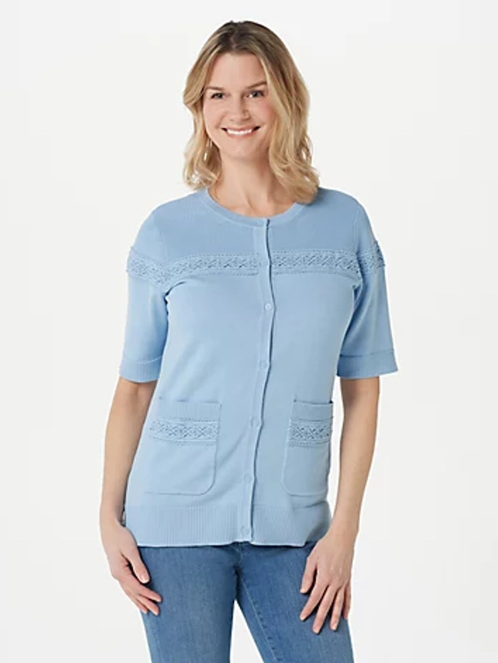 Isaac Mizrahi Live! Lace Inset Button Front Sweater Rainwater Blue Womens Medium